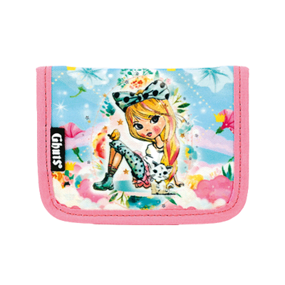 Carteira infantil colorida com desenho de menina e gato