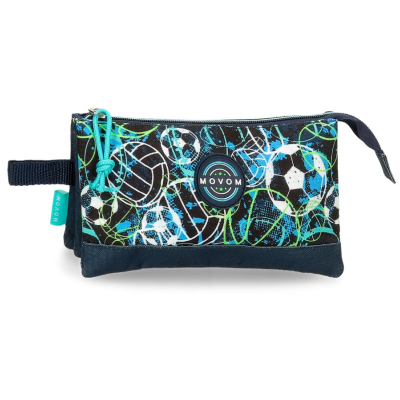 Estojo escolar retangular com padrão de bolas de futebol e basquetebol, cores azul, verde e preto, com fecho azul-turquesa da marca MOVOM.
