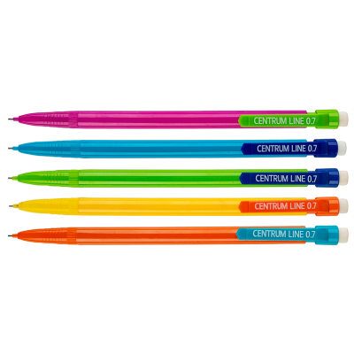 Cinco esferográficas CENTRUM LINE 0.7 coloridas alinhadas sobre fundo branco.