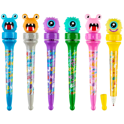 Conjunto de seis canetas coloridas com tampas de monstro em destaque