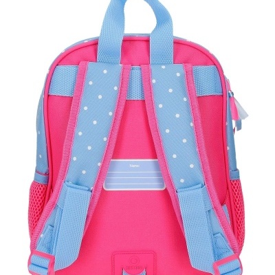 Mochila infantil rosa com alças azuis claras de pontos brancos e bolso em rede rosa
