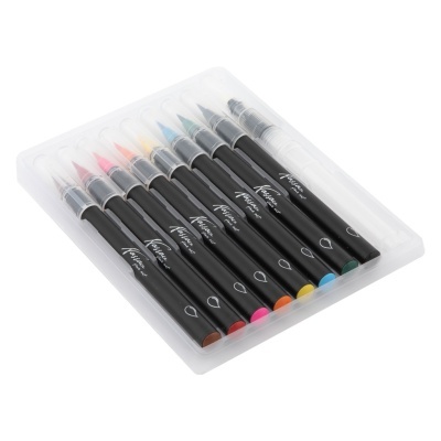 Conjunto de 10 canetas de ponta pincel coloridas em estojo plástico transparente