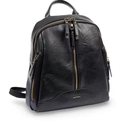 Mochila preta pequena em couro com fechos zip dourados e nome MATTIES