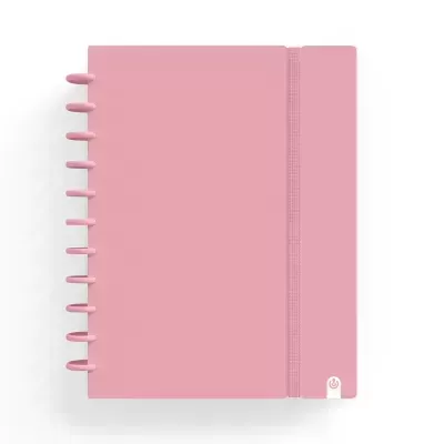 Caderno rosa com argolas e fecho elástico