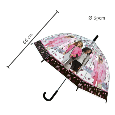 guarda-chuva transparente com imagens de mulheres em roupas de moda e detalhes em rosa e preto