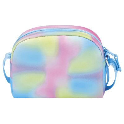 Bolsa pequena multicolorida em tons pastel com fecho de correr e alça azul