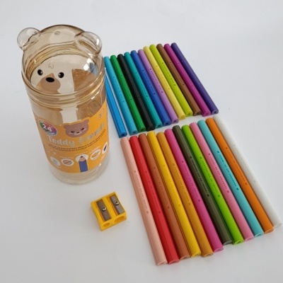 Conjunto de lápis de cor coloridos e embalagem com tampa de urso
