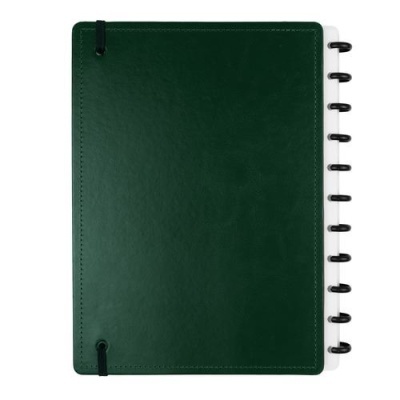 Caderno de capa dura verde com argolas pretas à direita