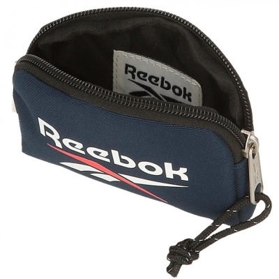 Carteira azul escura Reebok com zíper preto e logo branco e vermelho