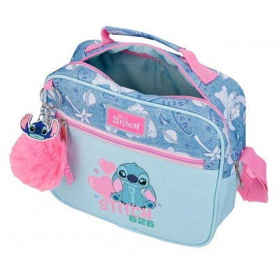 Bolsa azul e rosa com personagem Stitch da Disney e chaveiro de pompom rosa