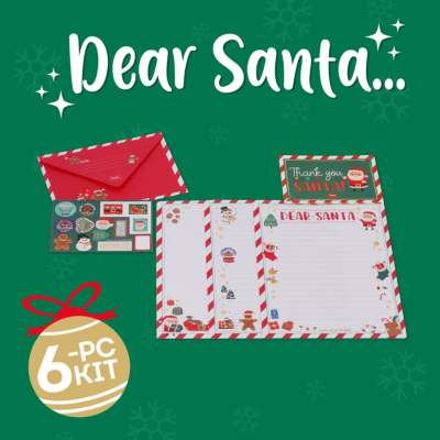 Conjunto de material para escrever cartas ao Pai Natal com desenhos e envelope vermelho.