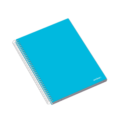 Caderno espiral azul turquesa com texto ambar no canto.