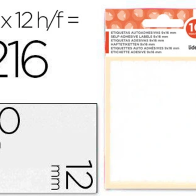 Pacote de etiquetas autoadesivas Liderpapel branco e laranja com texto e dimensões 9x16 mm