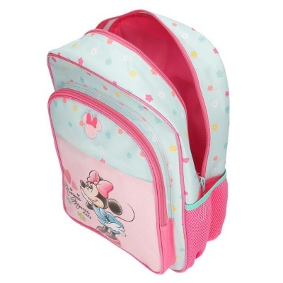 Mochila infantil rosa e azul com imagem da Minnie Mouse e flores coloridas