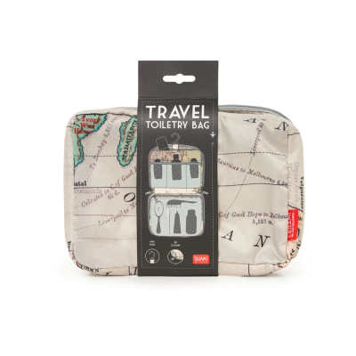 Necessaire de viagem com padrão de mapa vintage e embalagem preta com texto 'TRAVEL TOILETRY BAG'.