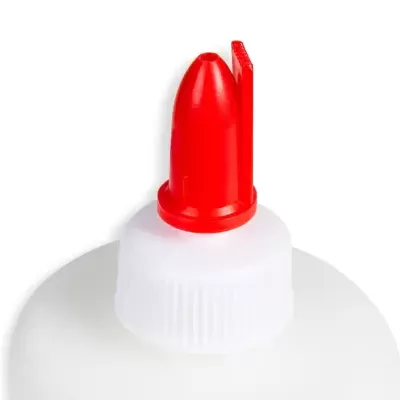 Tampa doseadora vermelha e branca de plástico em embalagem branca