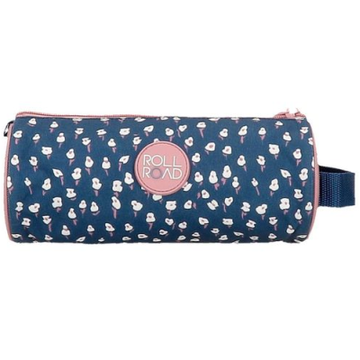 Estojo cilíndrico azul escuro com padrão floral branco e rosa com fecho rosa