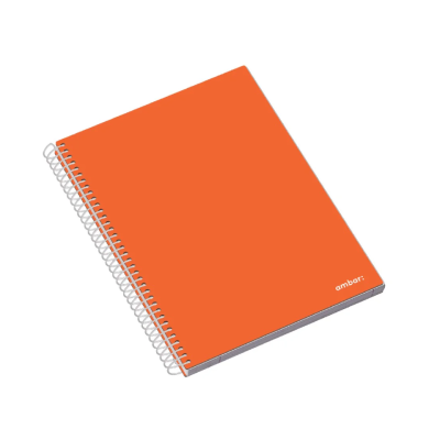 Caderno de argolas com capa dura orange e texto ambar.