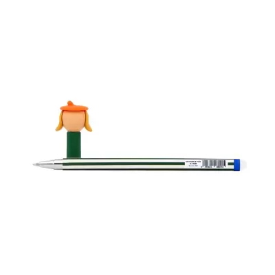 Caneta branca com riscas verdes e suporte decorativo em forma de cabeça com boné laranja.
