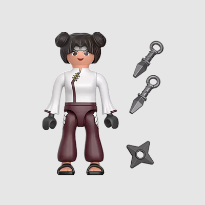 Boneco brinquedo com roupa branca e castanha e acessórios ninjas cinza