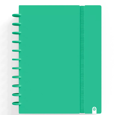 Caderno verde capa dura com argolas plásticas e elástico