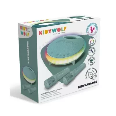 Caixa de equipamento de karaoké portátil KIDYWOLF com coluna e microfones cinzentos