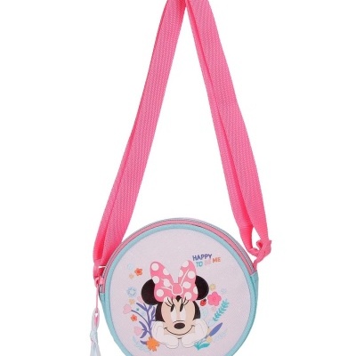 Mala redonda infantil cor-de-rosa com estampa da Minnie Mouse e alça rosa