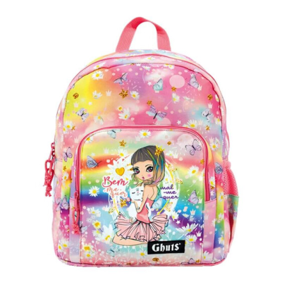 Mochila infantil colorida com padrão floral e ilustração de menina