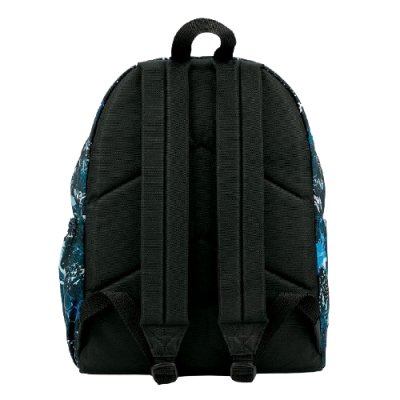 Mochila preta com padrão azul e branco nas laterais, vista traseira