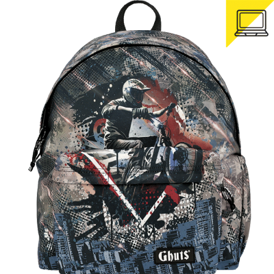 mochila urbana com estampa de motociclista e edifícios, etiqueta Ghots