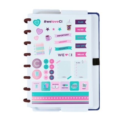 Folha de autocolantes coloridos para agenda com textos e ícones variados.