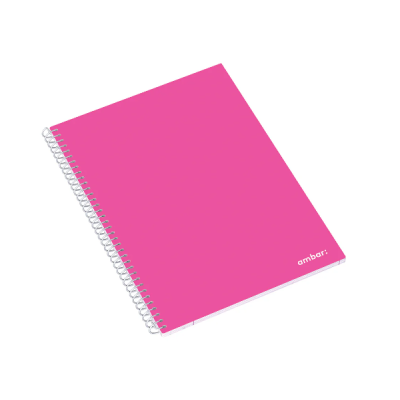 Caderno rosa com espiral branca e texto 'ambar.' na capa