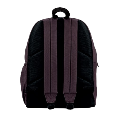 Mochila preta vista pelas costas com alças castanhas escuras