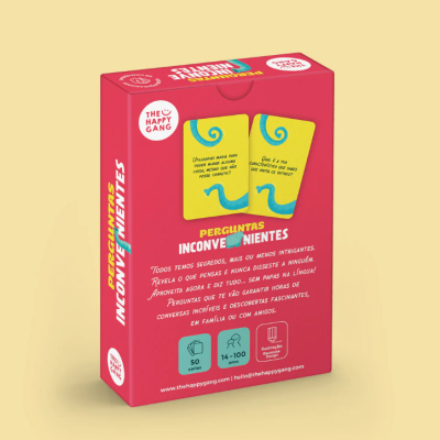 Caixa de jogo de cartas PERGUNTAS INCONVENIENTES da THE HAPPY GANG com instruções e ícones indicativos