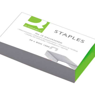 Caixa branca de grampos Q-Connect com detalhes verdes e cinzentos