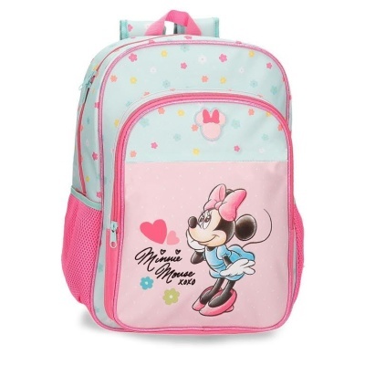Mochila infantil Minnie Mouse cor-de-rosa e azul claro com flores coloridas e bolso frontal