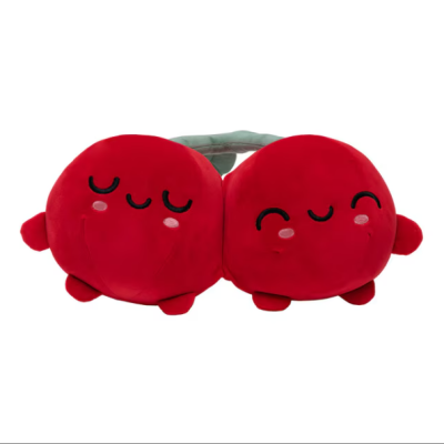 Pelúcia dupla em forma de cerejas com rostos felizes e caule verde