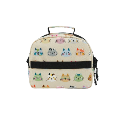 Bolsa têxtil bege com estampado de cabeças de gatos coloridos e fecho preto