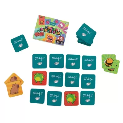 Cartas do jogo Domino + Memory Game da Mr. Wonderful com verso azul turquesa e frente com animais coloridos.