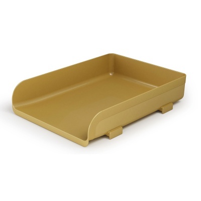 Tabuleiro organizador amarelo mostarda de plástico com bordas levantadas.