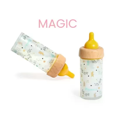 Dois biberões de bebé em vidro com tampas de madeira e tetinas amarelas