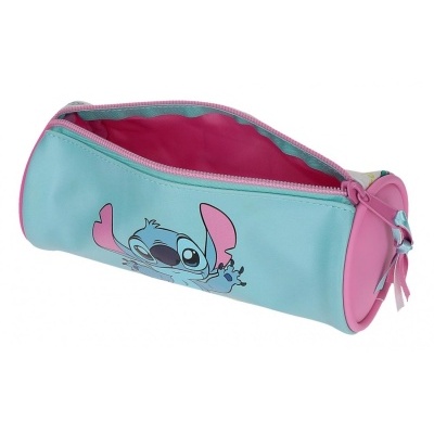 Estojo cilíndrico azul claro e rosa com personagem Stitch e fecho de correr rosa