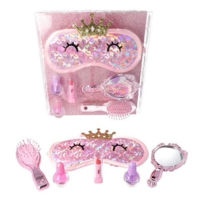 Conjunto infantil de beleza rosa com tapa olhos, vernizes, batom, escova e espelho