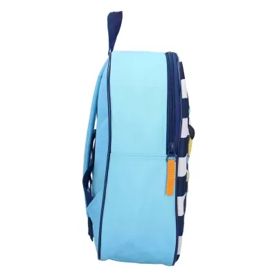 Mochila azul clara vista lateral com fecho de correr azul e puxador laranja