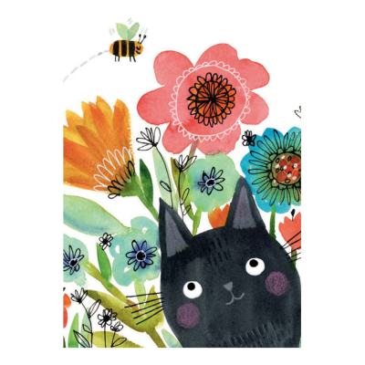 Ilustração de gato preto com flores e abelha