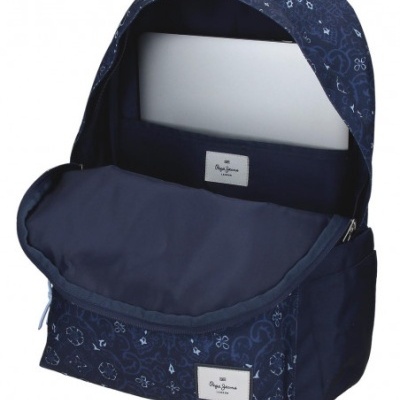 Mochila azul escura com padrão branco e compartimento para portátil aberto