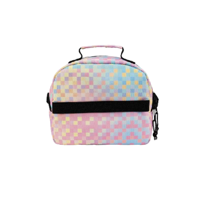 Bolsa de transporte colorida em padrão xadrez pastel