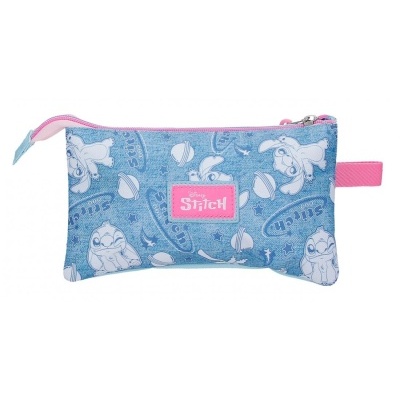 Estojo azul com padrão Stitch e zíper rosa