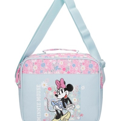 Mala azul clara com estampa da Minnie Mouse e padrão floral rosa
