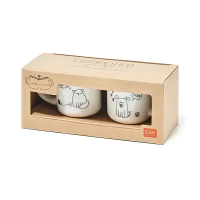 Conjunto de duas chávenas de café com desenhos de gato e cão em caixa de cartão